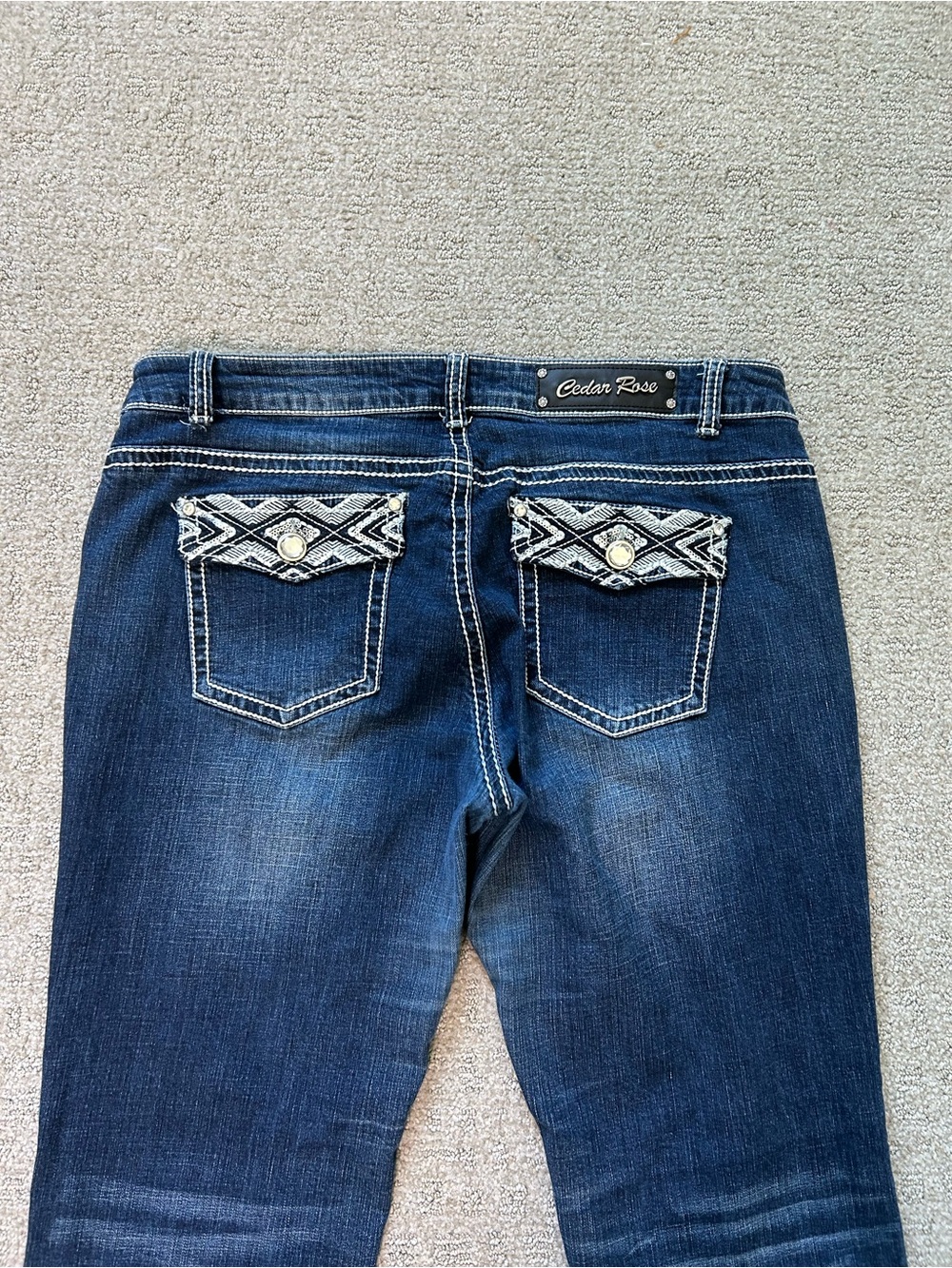 Women’s Dark Blue Boot Cut Jeans with Embroidered Pocket Flaps